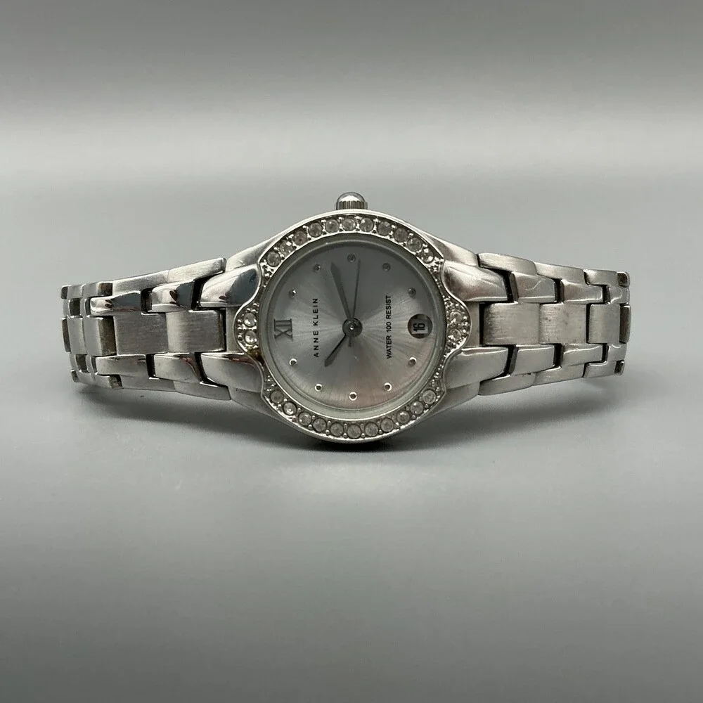 Anne Klein Womens Watch 24mm Silver Dial Crystal Bezel Date New Battery 6.25